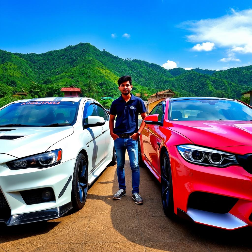 A dynamic scene featuring a modified Mitsubishi Evo X and a modified BMW M5 parked closely together, showcasing their sleek designs and aggressive modifications