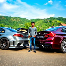 A dynamic scene featuring a modified Mitsubishi Evo X and a modified BMW M5 parked closely together, showcasing their sleek designs and aggressive modifications