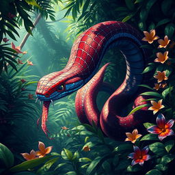 A large hybrid snake adorned with Spider-Man's iconic red and blue webbed patterns gracefully slithering through a vibrant jungle
