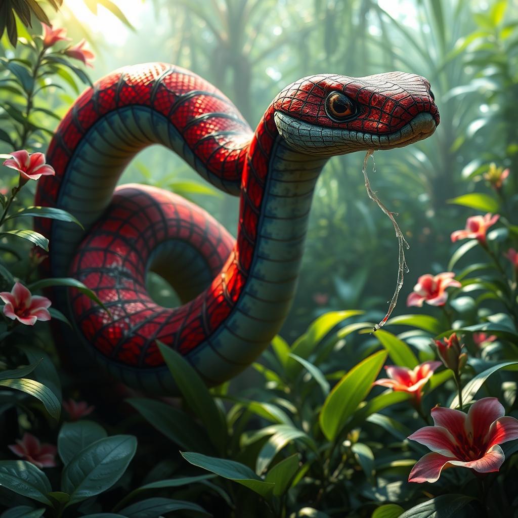 A large hybrid snake adorned with Spider-Man's iconic red and blue webbed patterns gracefully slithering through a vibrant jungle