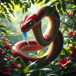 A large hybrid snake adorned with Spider-Man's iconic red and blue webbed patterns gracefully slithering through a vibrant jungle
