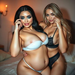 Two beautiful girls playfully fondling each other in a cozy, softly lit bedroom