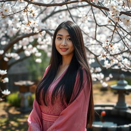 A beautiful Asian woman with long black hair, wearing a flowing traditional dress with intricate patterns, standing in a serene garden filled with blooming cherry blossom trees