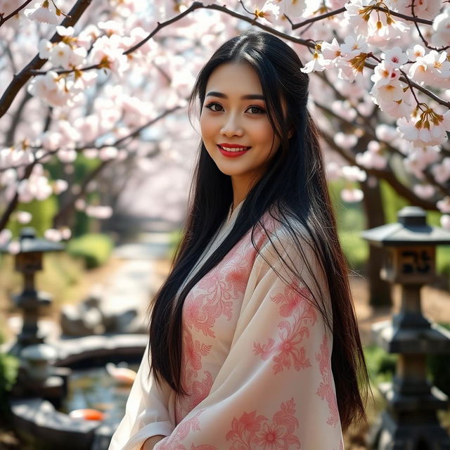 A beautiful Asian woman with long black hair, wearing a flowing traditional dress with intricate patterns, standing in a serene garden filled with blooming cherry blossom trees