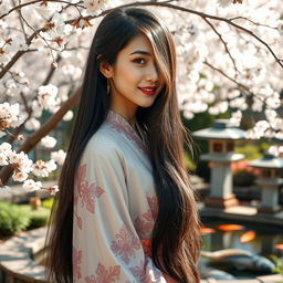 A beautiful Asian woman with long black hair, wearing a flowing traditional dress with intricate patterns, standing in a serene garden filled with blooming cherry blossom trees