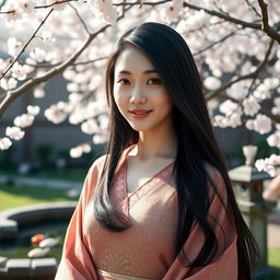 A beautiful Asian woman with long black hair, wearing a flowing traditional dress with intricate patterns, standing in a serene garden filled with blooming cherry blossom trees