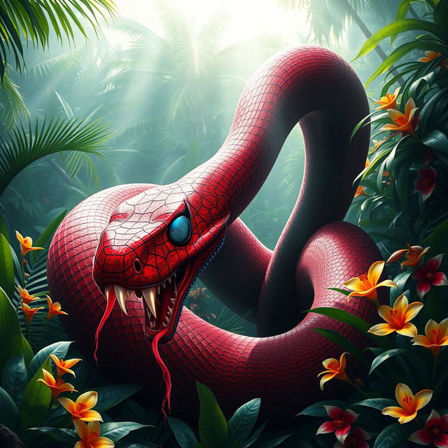 A large hybrid snake displaying Spider-Man's vibrant red and blue webbed patterns slithering through a dense, tropical jungle