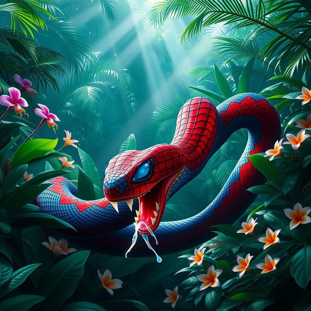 A large hybrid snake displaying Spider-Man's vibrant red and blue webbed patterns slithering through a dense, tropical jungle