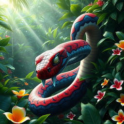 A large hybrid snake displaying Spider-Man's vibrant red and blue webbed patterns slithering through a dense, tropical jungle