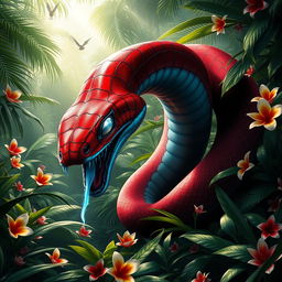A large hybrid snake displaying Spider-Man's vibrant red and blue webbed patterns slithering through a dense, tropical jungle