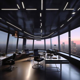 A glass penthouse office designed like a SWAT commander's workspace, taking influence from the architectural style shown in the provided link.