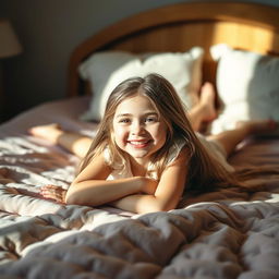 A cute girl lying on a bed with her legs spread comfortably, radiating a sense of relaxation and confidence