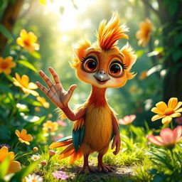 A whimsical creature with an unusually small hand, standing in a bright, colorful forest