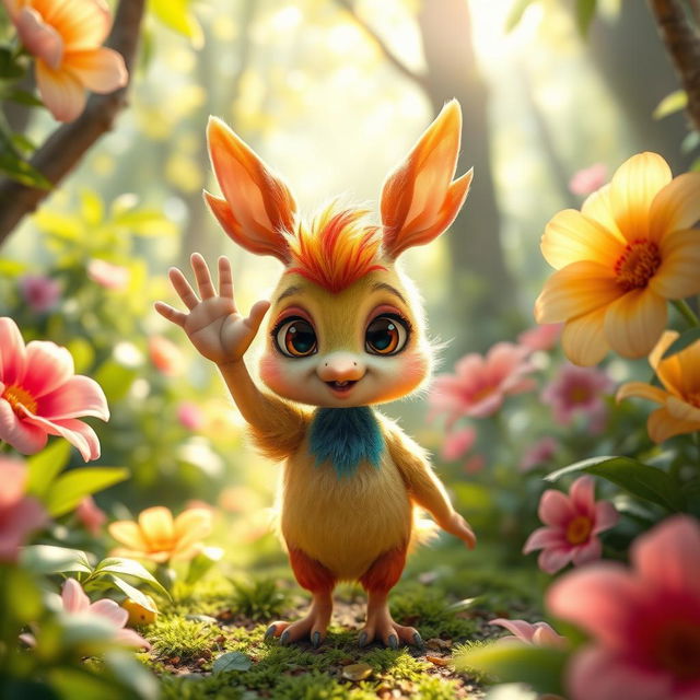 A whimsical creature with an unusually small hand, standing in a bright, colorful forest