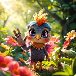 A whimsical creature with an unusually small hand, standing in a bright, colorful forest
