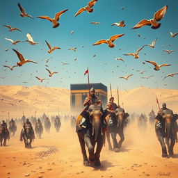 A historical scene depicting the army of Abraha marching with soldiers mounted on elephants towards the Kaaba