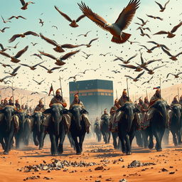 A historical scene depicting the army of Abraha marching with soldiers mounted on elephants towards the Kaaba