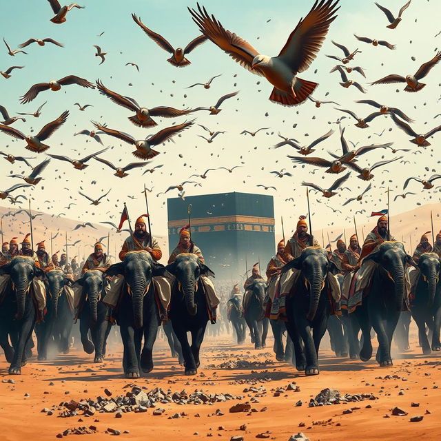 A historical scene depicting the army of Abraha marching with soldiers mounted on elephants towards the Kaaba