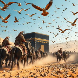 A historical scene depicting the army of Abraha marching with soldiers mounted on elephants towards the Kaaba