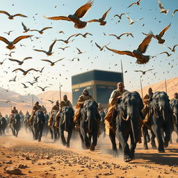 A historical scene depicting the army of Abraha marching with soldiers mounted on elephants towards the Kaaba