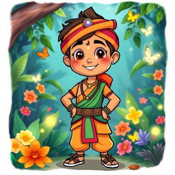 A vibrant and colorful cartoon drawing of Pushparaj, a charming and adventurous character, wearing a traditional Indian outfit