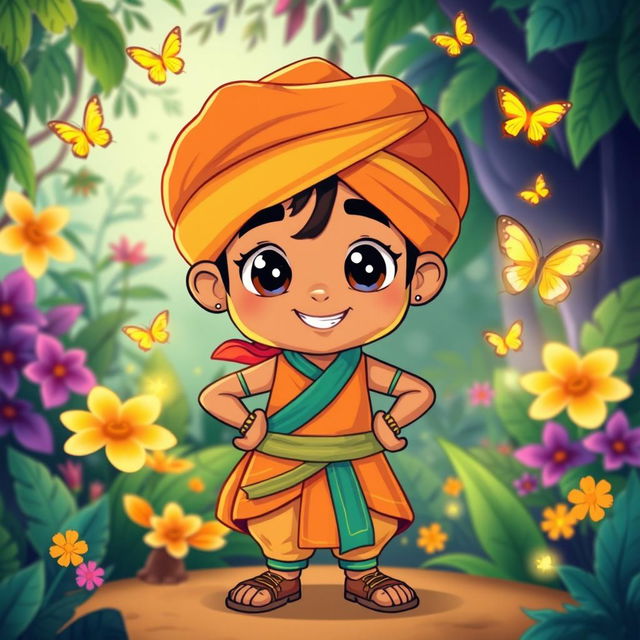 A vibrant and colorful cartoon drawing of Pushparaj, a charming and adventurous character, wearing a traditional Indian outfit