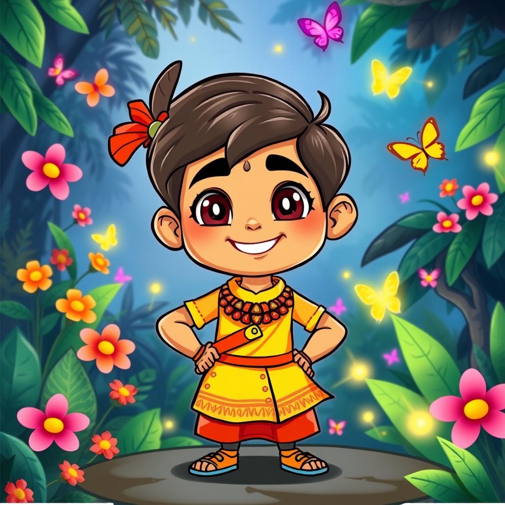 A vibrant and colorful cartoon drawing of Pushparaj, a charming and adventurous character, wearing a traditional Indian outfit