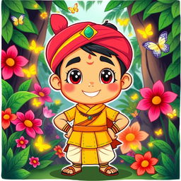 A vibrant and colorful cartoon drawing of Pushparaj, a charming and adventurous character, wearing a traditional Indian outfit