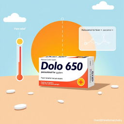 An informative and engaging illustration of Dolo 650, featuring the packaging prominently displayed with a vibrant background