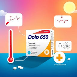 An informative and engaging illustration of Dolo 650, featuring the packaging prominently displayed with a vibrant background