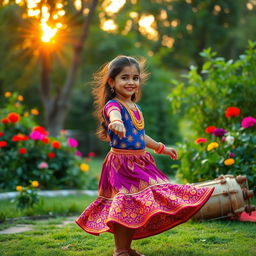 A beautiful scene of a 5-year-old girl dancing the Ghoomer dance in a lush green garden during the morning, with a vibrant sunrise casting golden rays