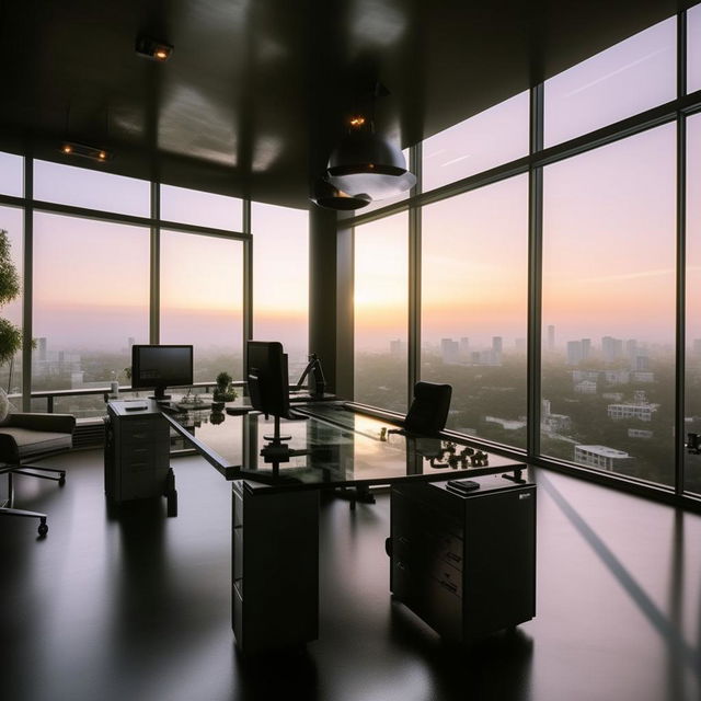 A glass penthouse office designed like a SWAT commander's workspace, taking influence from the architectural style shown in the provided link.