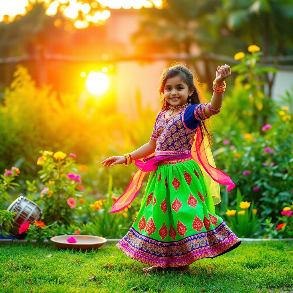 A beautiful scene of a 5-year-old girl dancing the Ghoomer dance in a lush green garden during the morning, with a vibrant sunrise casting golden rays