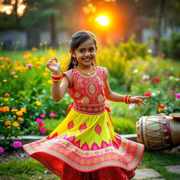 A beautiful scene of a 5-year-old girl dancing the Ghoomer dance in a lush green garden during the morning, with a vibrant sunrise casting golden rays