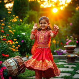 A beautiful scene of a 5-year-old girl dancing the Ghoomer dance in a lush green garden during the morning, with a vibrant sunrise casting golden rays