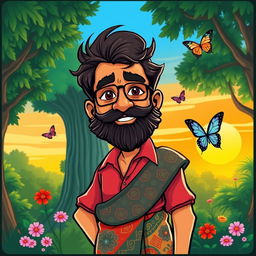 A vibrant cartoon drawing of Pushpa Raj, featuring his signature look with a rugged beard, stylish hair, and a confident expression