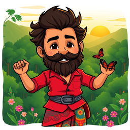 A vibrant cartoon drawing of Pushpa Raj, featuring his signature look with a rugged beard, stylish hair, and a confident expression