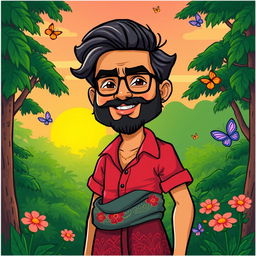 A vibrant cartoon drawing of Pushpa Raj, featuring his signature look with a rugged beard, stylish hair, and a confident expression