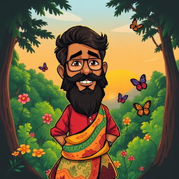 A vibrant cartoon drawing of Pushpa Raj, featuring his signature look with a rugged beard, stylish hair, and a confident expression