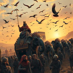 A historical scene depicting the army of Abraha marching towards Mecca, with Abraha riding a beautifully adorned elephant