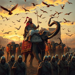 A historical scene depicting the army of Abraha marching towards Mecca, with Abraha riding a beautifully adorned elephant
