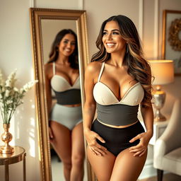 A confident and empowered woman standing in front of a full-length mirror, admiring her curves and enhanced breast size, wearing a stylish and supportive outfit that accentuates her figure