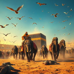 A dramatic scene depicting the battle against the Kaaba in Mecca, featuring a king bravely facing the Kaaba