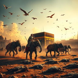 A dramatic scene depicting the battle against the Kaaba in Mecca, featuring a king bravely facing the Kaaba