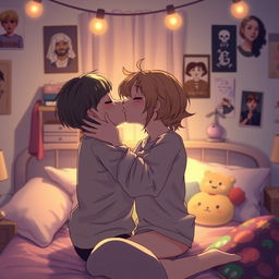 A romantic scene between two teenagers sharing an intimate kiss in a cozy bedroom