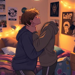 A romantic scene between two teenagers sharing an intimate kiss in a cozy bedroom