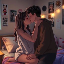 A romantic scene between two teenagers sharing an intimate kiss in a cozy bedroom