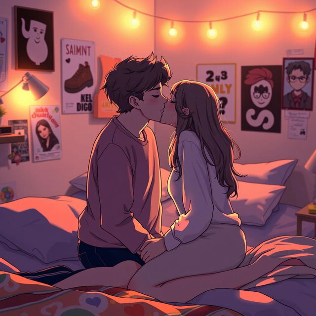 A romantic scene between two teenagers sharing an intimate kiss in a cozy bedroom