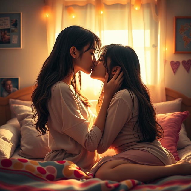 A romantic scene featuring two teenage girls sharing an intimate kiss in a cozy, beautifully decorated bedroom