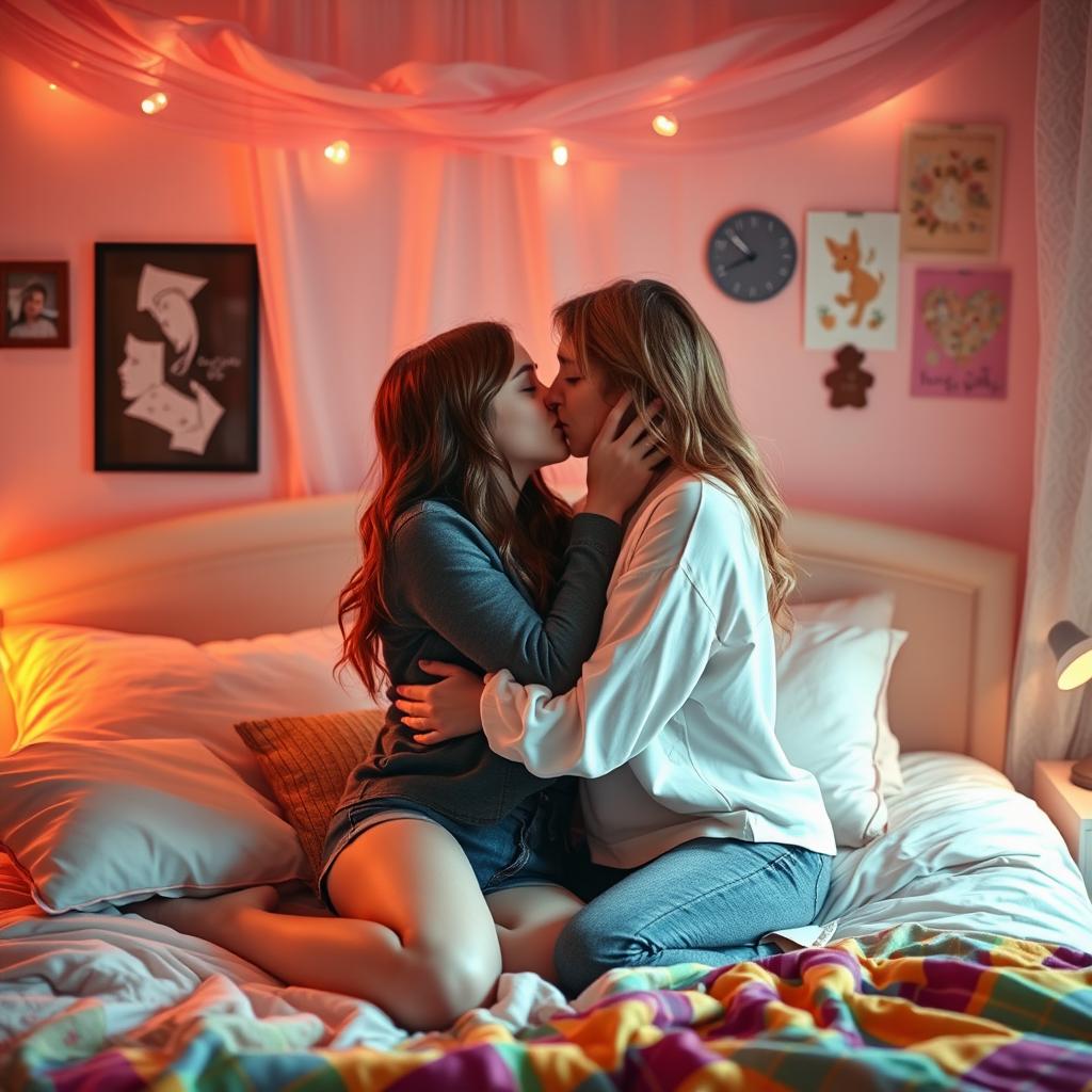 A romantic scene featuring two teenage girls sharing an intimate kiss in a cozy, beautifully decorated bedroom